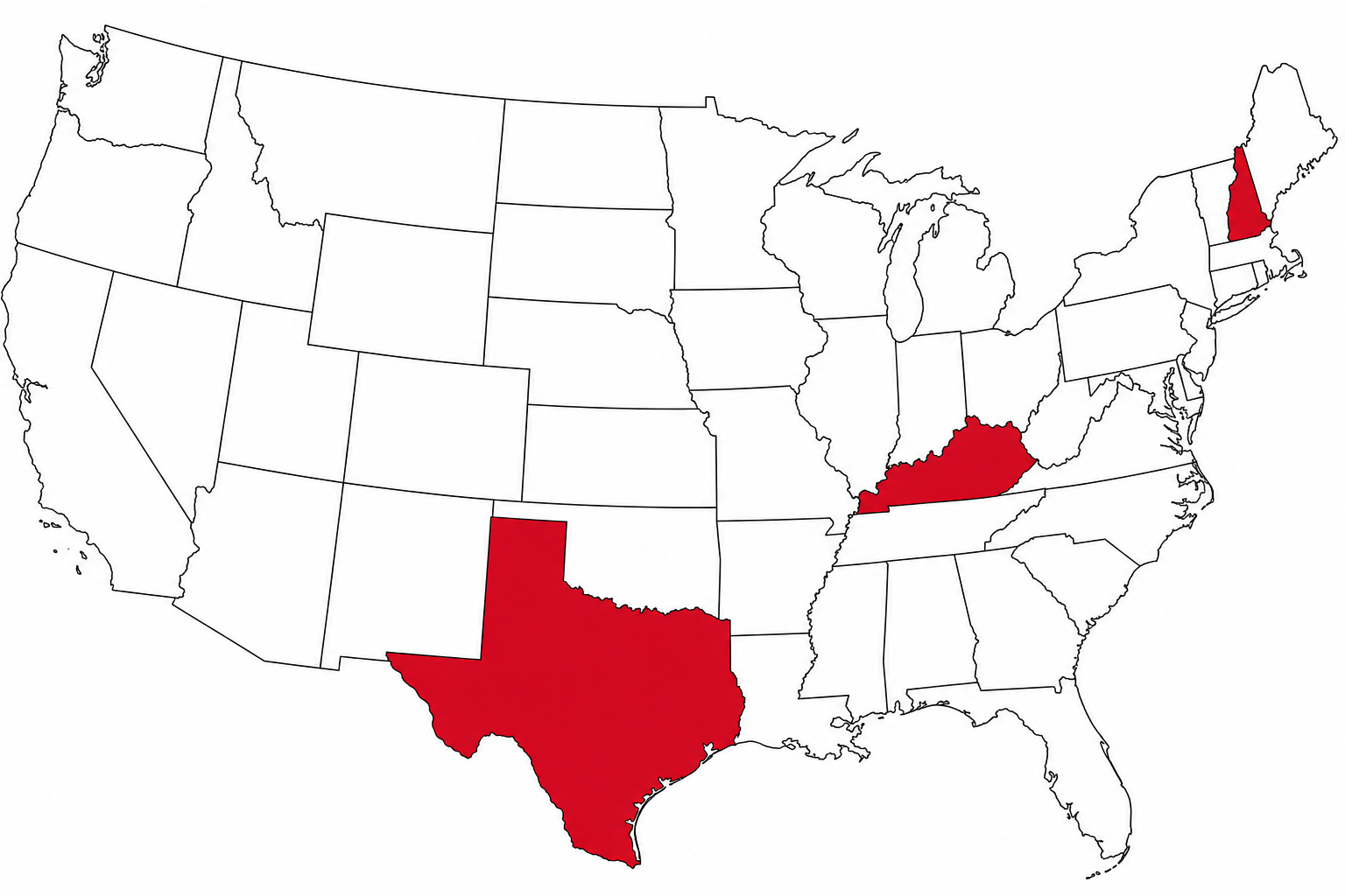 Map showing Texas, Kentucky, and New Hampshire highlighted